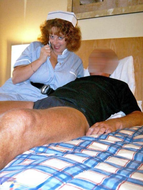 Older UK nurse Curvy Claire exposes her big tits before playing with a cock