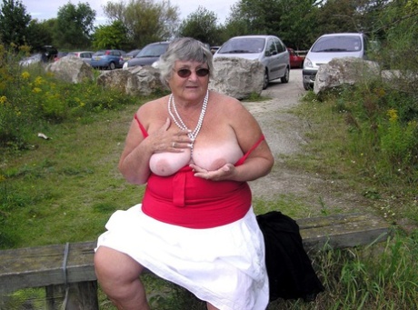 Obese amateur Grandma Libby exposes her boobs on a public walking trail 36104144