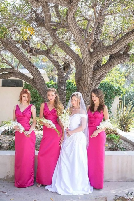 Lesbian girls in bridesmaids uniform flash hot ass in nude upskirt in the park 89815145