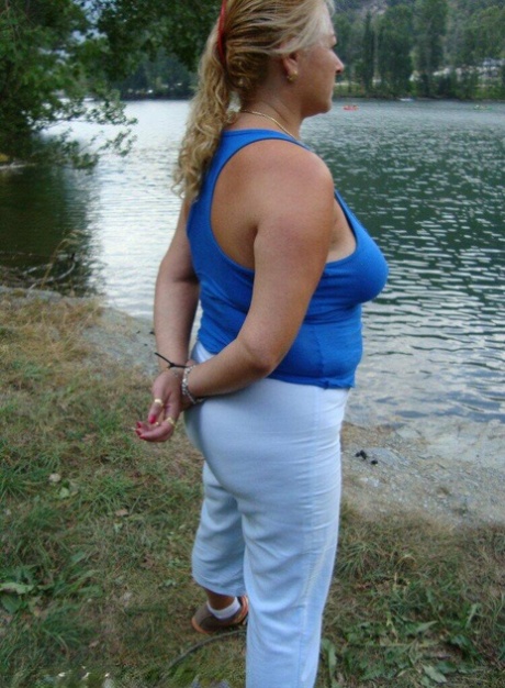 Overweight blonde lady ends up bare naked while cuffed and tied 47659268