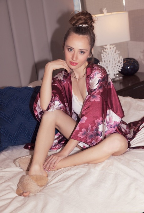 Pretty girl Amber Amora goes topless in pyjama bottoms with her hair put up 78087426